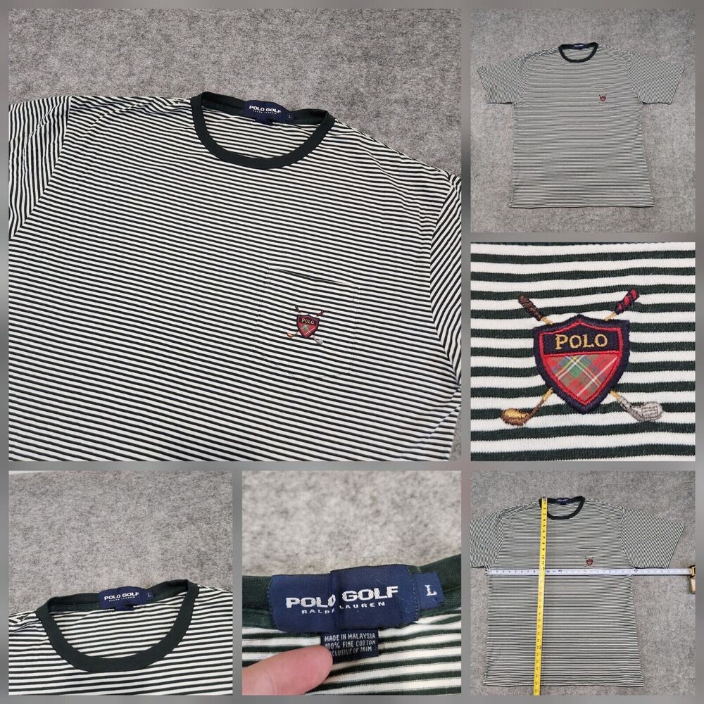 VTG Polo Golf Ralph Lauren PRL Mens L Large Embroidered Pocket Stripe T Shirt